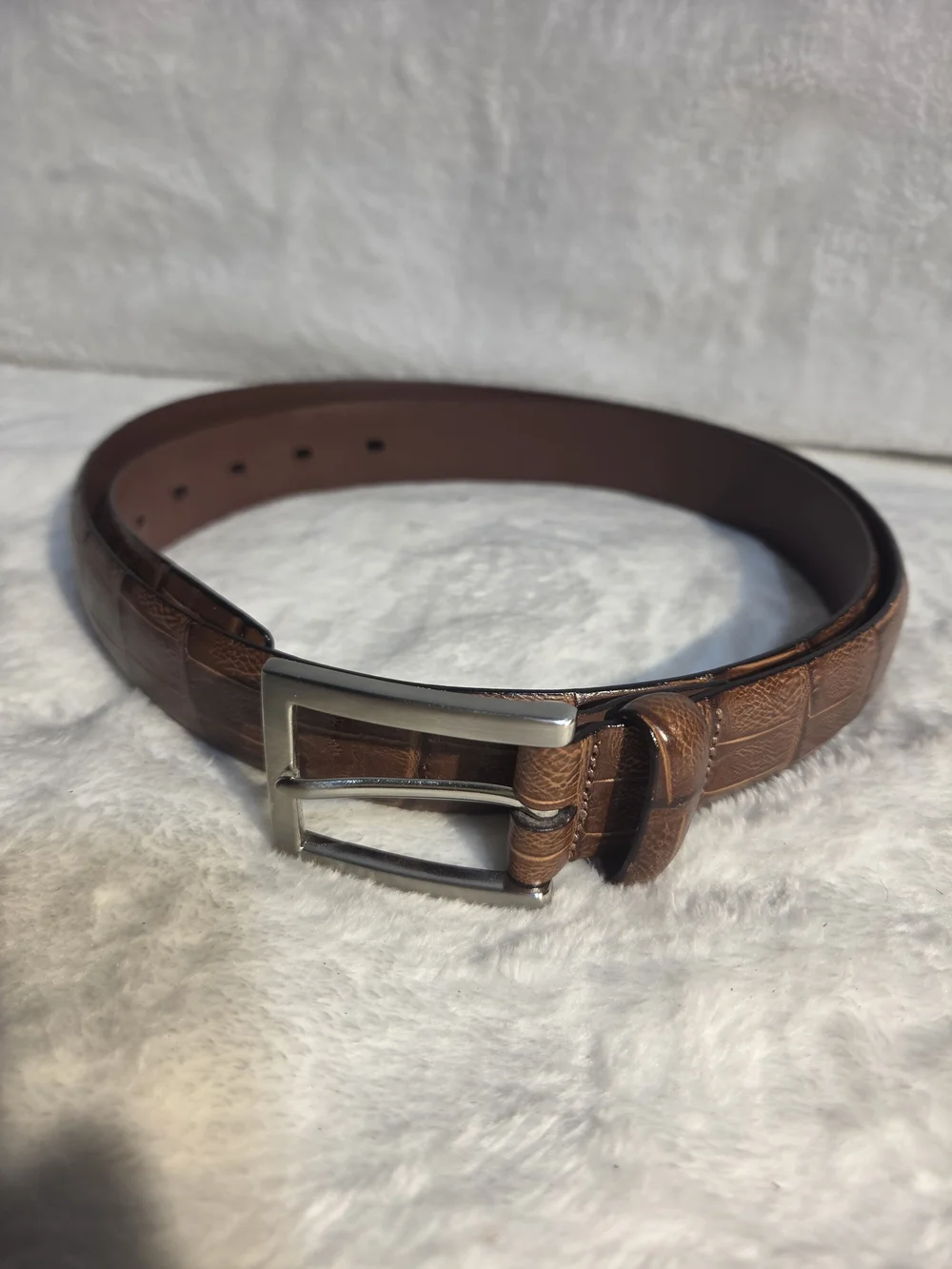 Croc-Embossed Brown Italian Calfskin Leather Men’s Belt with Silver Buckle